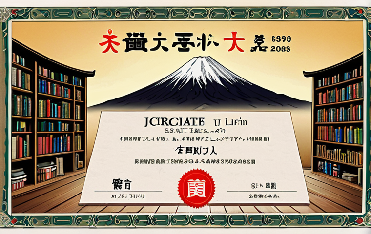 A certificate with "JLPT" prominently displayed, signifying Japanese language proficiency, surrounded by books, a Japanese-English dictionary, and online learning resources, with a subtle background showcasing iconic Japanese landmarks like Mount Fuji.