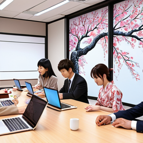 Home 20 **
A diverse group of people working collaboratively in a modern Japanese office. Some are at a meeting table, others are at computers. The overall feeling is productive and harmonious. The background subtly displays Japanese cultural elements like cherry blossoms or traditional patterns. Focus on conveying teamwork and a positive work environment.
**