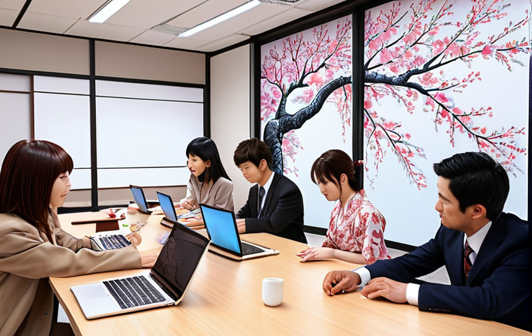 **
A diverse group of people working collaboratively in a modern Japanese office. Some are at a meeting table, others are at computers. The overall feeling is productive and harmonious. The background subtly displays Japanese cultural elements like cherry blossoms or traditional patterns. Focus on conveying teamwork and a positive work environment.
**