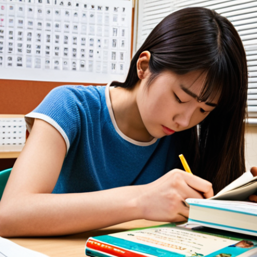 Home 9 **Image:** A focused student surrounded by JLPT study materials (books, past papers, flashcards). The scene shows a well-organized study space with a daily schedule visible in the background. The atmosphere is studious and determined.