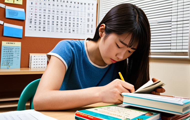 **Image:** A focused student surrounded by JLPT study materials (books, past papers, flashcards). The scene shows a well-organized study space with a daily schedule visible in the background. The atmosphere is studious and determined.