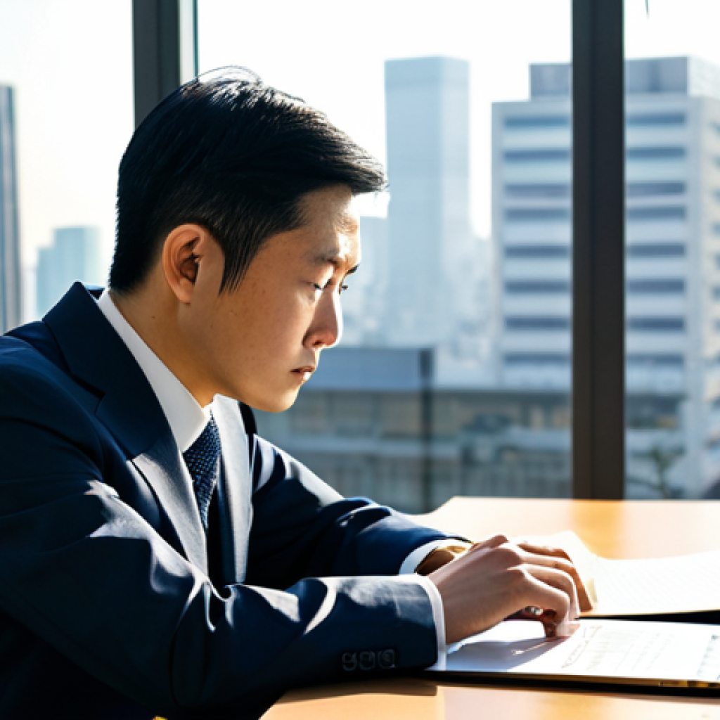 A professional academic in a modest business suit, fully clothed, sitting contemplatively at a large desk in a modern, sunlit office in Tokyo. Papers and a laptop are neatly arranged on the desk. The background features a blurred view of a cityscape, suggesting a busy urban environment and the challenges of establishment. The individual is looking thoughtfully, representing deep concentration and strategic planning. Perfect anatomy, correct proportions, natural pose, well-formed hands, proper finger count, natural body proportions. Professional dress, appropriate attire, safe for work, appropriate content, family-friendly, high-quality photography, realistic.