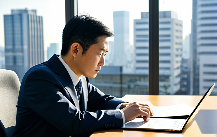 A professional academic in a modest business suit, fully clothed, sitting contemplatively at a large desk in a modern, sunlit office in Tokyo. Papers and a laptop are neatly arranged on the desk. The background features a blurred view of a cityscape, suggesting a busy urban environment and the challenges of establishment. The individual is looking thoughtfully, representing deep concentration and strategic planning. Perfect anatomy, correct proportions, natural pose, well-formed hands, proper finger count, natural body proportions. Professional dress, appropriate attire, safe for work, appropriate content, family-friendly, high-quality photography, realistic.
