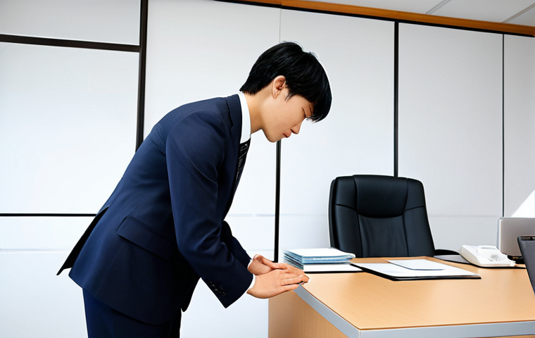 A professional individual, fully clothed in a modest business suit, stands respectfully in a modern, pristine Japanese office environment. The person is depicted in a natural pose, engaging in a polite business interaction, subtly bowing while exchanging a business card with another professional, highlighting cultural respect and meticulousness. The scene features clean lines, organized desks, and soft, professional lighting, conveying a sense of teamwork and precision. safe for work, appropriate content, professional dress, fully clothed, perfect anatomy, correct proportions, well-formed hands, proper finger count, high-resolution, professional photography, realistic.