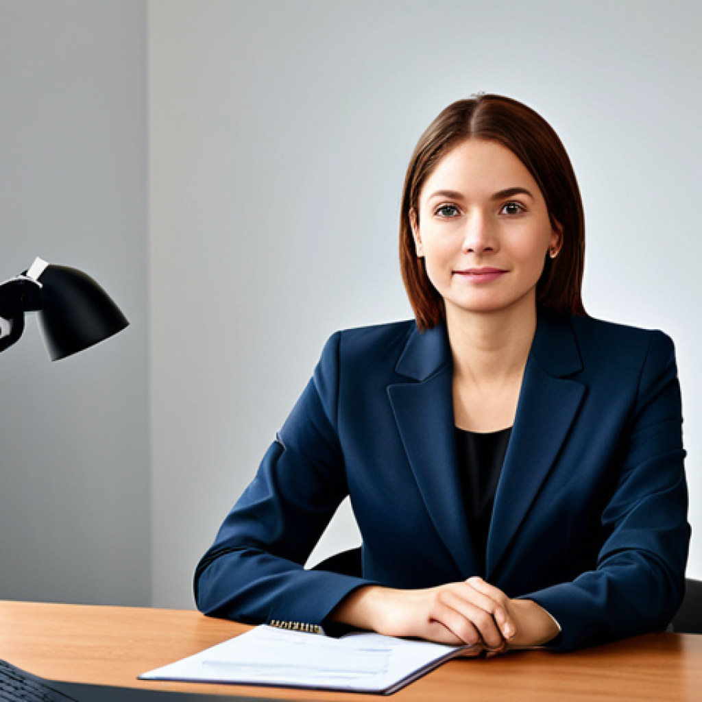 ** A professional businesswoman in a modest business suit, sitting at a desk in a modern office, fully clothed, appropriate attire, safe for work, perfect anatomy, natural proportions, professional photography, high quality.
**