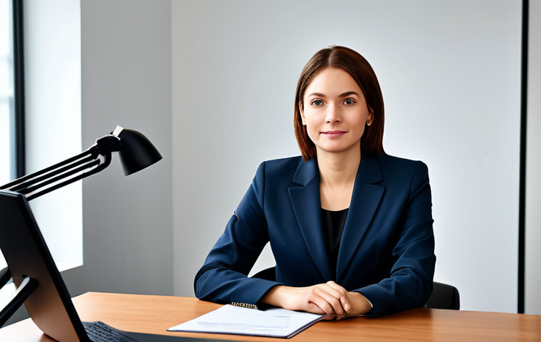 ** A professional businesswoman in a modest business suit, sitting at a desk in a modern office, fully clothed, appropriate attire, safe for work, perfect anatomy, natural proportions, professional photography, high quality.
**