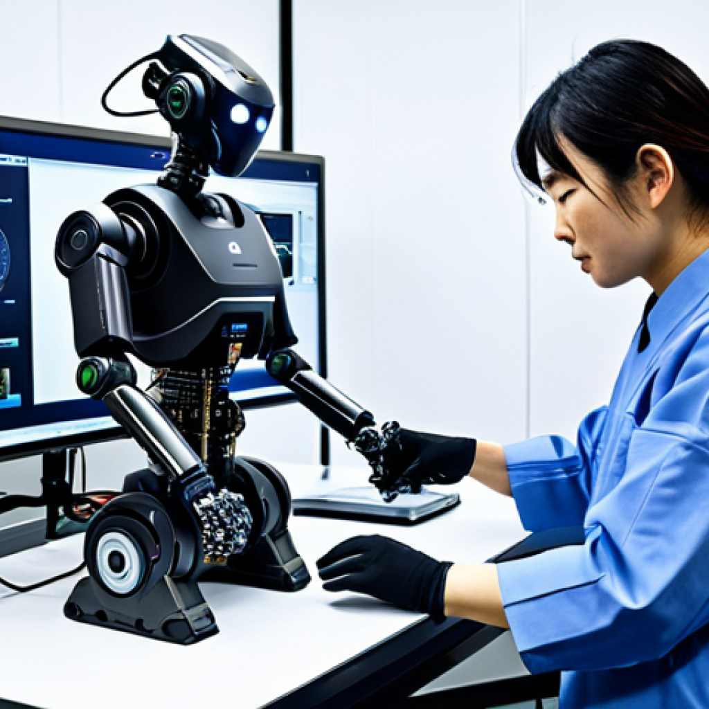 A skilled Japanese engineer in a high-tech robotics lab in Tokyo, fully clothed in appropriate attire, working on advanced robots, safe for work, perfect anatomy, natural proportions, professional, appropriate content, family-friendly.