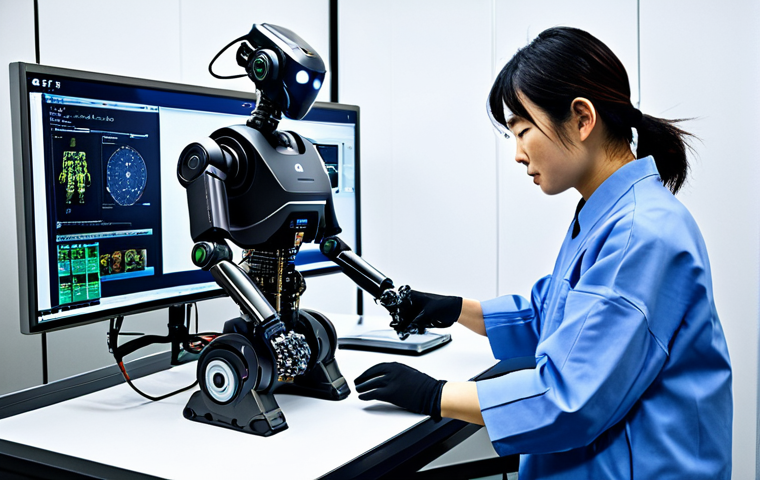 A skilled Japanese engineer in a high-tech robotics lab in Tokyo, fully clothed in appropriate attire, working on advanced robots, safe for work, perfect anatomy, natural proportions, professional, appropriate content, family-friendly.