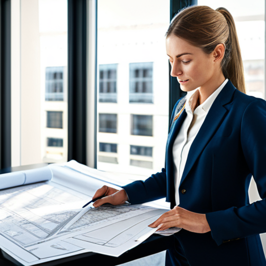 JLPT와 일본 내 자격증과의 연계성 연구 - A fully clothed professional architect in a modern, sunlit office, reviewing blueprints. She is wea...