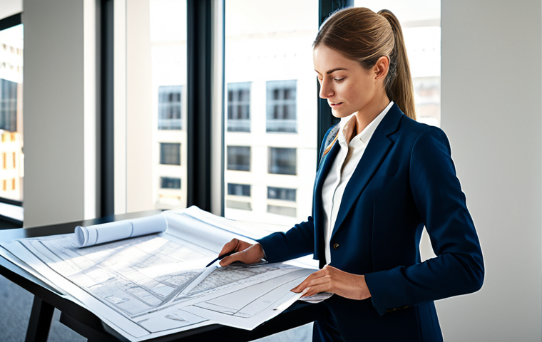JLPT와 일본 내 자격증과의 연계성 연구 - A fully clothed professional architect in a modern, sunlit office, reviewing blueprints. She is wea...
