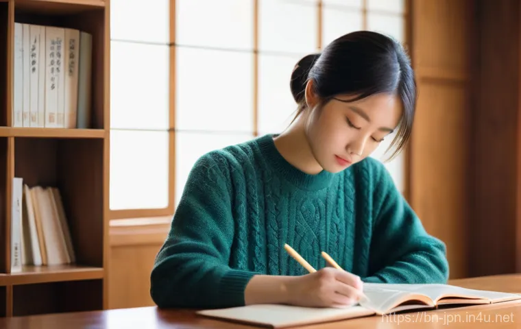 JLPT와 일본어 초급 어휘 학습 노하우 - **"Focused Japanese Language Study Session"**
A serene and well-lit close-up shot of a young adu...