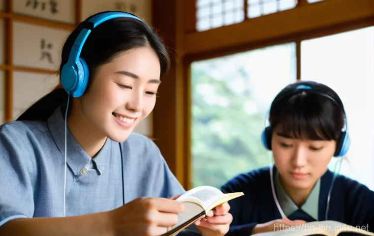 JLPT 시험 준비 과정 기록하기 - **Prompt:** A diverse group of young adults, dressed in modest, casual attire, are immersed in learn...