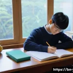 JLPT 시험 장소와 준비물 체크리스트 - **Prompt 1: The Night Before the Exam - Calm Preparation**
"A peaceful scene of a diligent young...