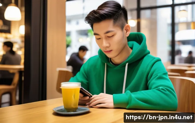 JLPT와 일본어 능력 향상을 위한 스마트폰 활용 - **Prompt:** A young adult, gender-neutral, comfortably seated at a modern café table, deeply engross...